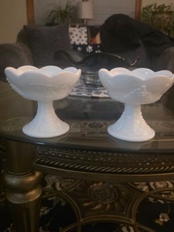 Milk Glass Pedestal Compote Dishes Set of 2