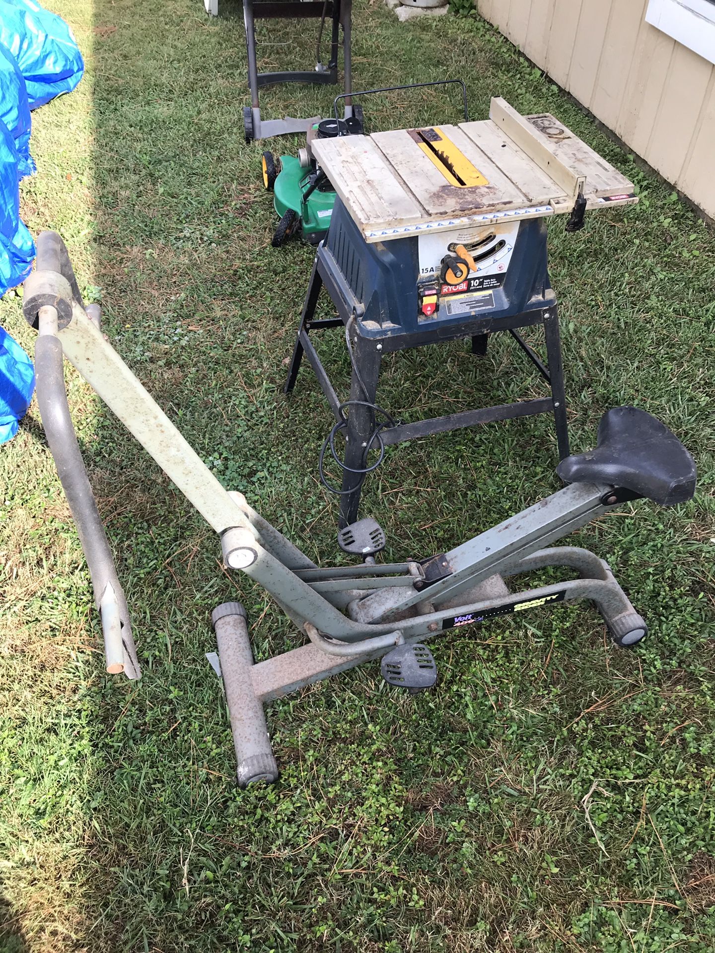 Free mower, grill, glider & table saw for scrap/ parts or refurbishment