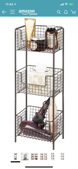 mDesign 3 Tier Vertical Standing Bathroom Shelving Unit, Decorative Metal Storage Organizer Tower Rack with 3 Basket Bins to Hold and Organize Bath T