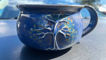Handmade Blue Glazed Ceramic Mug with Tree Design