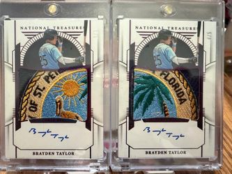2 (Two) matching 2024 Panini National Treasures Brayden Taylor (Tampa Bay Devil Rays) relic patch (MEM) autograph cards /5