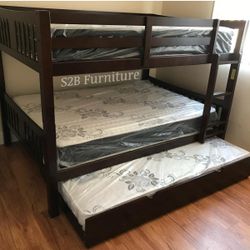 Full Full Twin Size Expresso Bunkbed W Orthopedic Mattress 