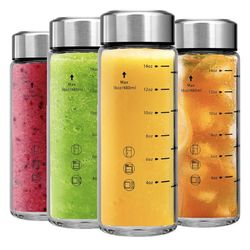 Glass Juice Bottles 4 Pack 16 oz - Wide Mouth Glass Water Bottles with Lids - Borosilicate,Stainless Steel Lids for Juicing, Smoothies, Infused Water,