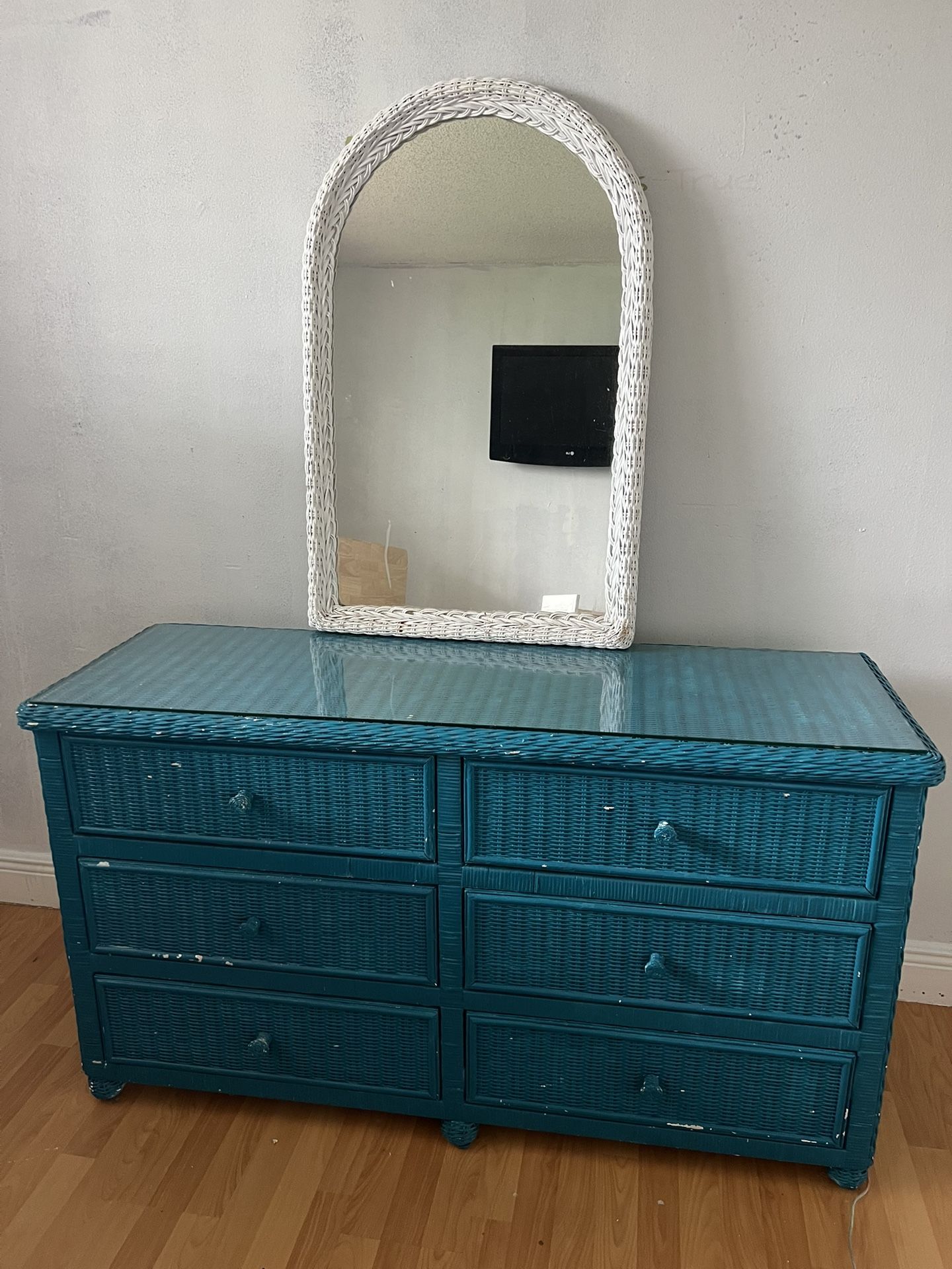 Wicker Chest Drawer + Matching Mirror