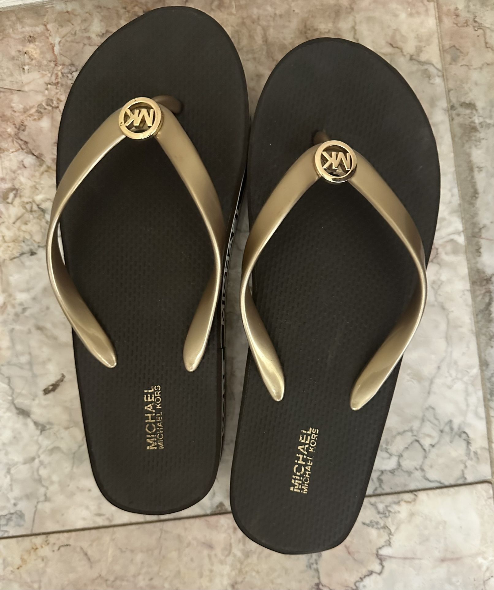 Michael Kors Platform Flip Flops, Gold/Brown, Size 6.5