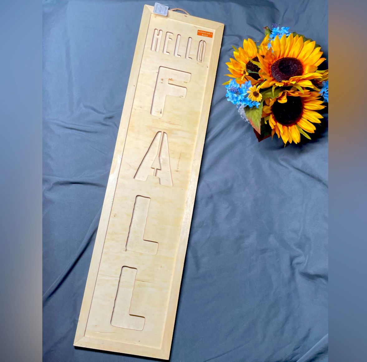 “Hello Fall” NEW Simple Autumn Craft Vertical Wood Sign 3 Layer Removable Back NWT