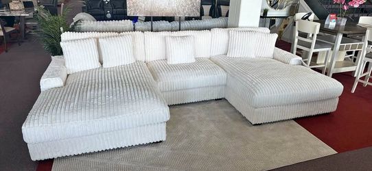 Large White Corduroy U-Shaped Sectional Sofa