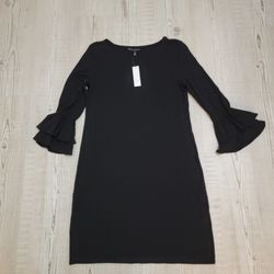 NWT White House Black Market Elegant Black Knit Dress with 3/4 Tiered Sleeves M