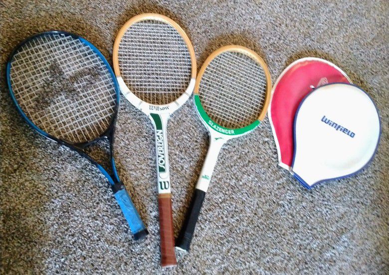 Tennis Rackets -Vintage Wilson Sovereign, Vintage Slazenger and Athletech. Includes 2 covers.