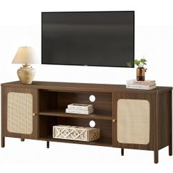 Rattan TV Stand for TVs up to 75'' Boho Entertainment Center with Adjustable Shelf Television Stand