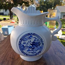 White Ceramic Pitcher Blue Willow Medallion