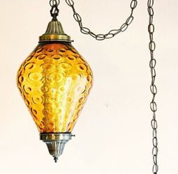 Vintage 1970s Amber Bubble Glass Swag Hanging Lamp