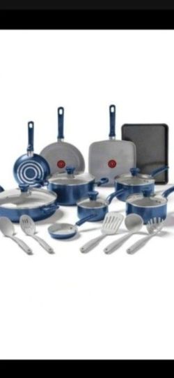 Tfal The Easy Care Ceramic, 14 Piece Pots And Pans Cookware Set, Electric Blue