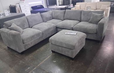 Gray Corduroy Sectional Sofa with Ottoman
