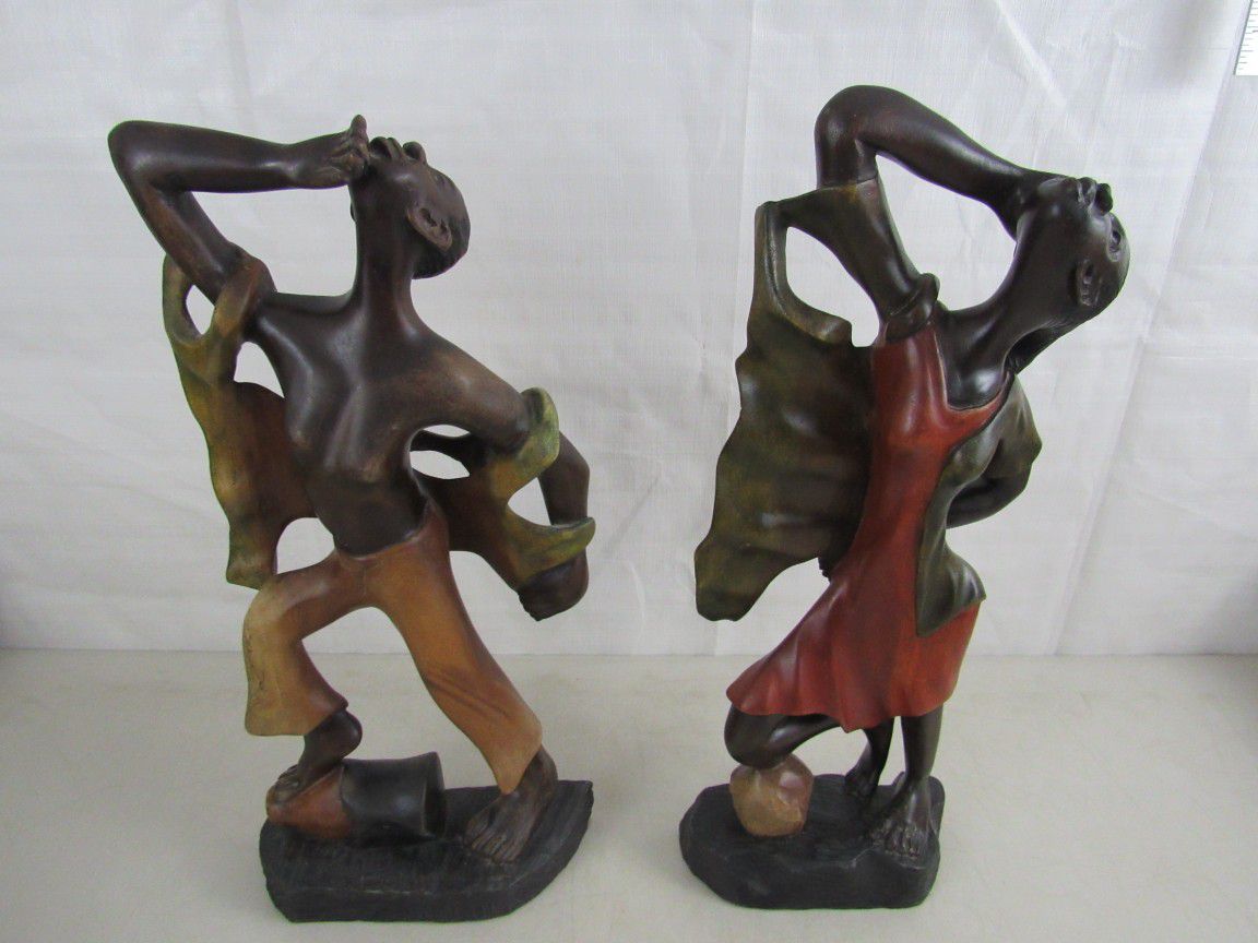 African Hand Carved Wooden Man & Woman Tribal Dancers 17 3/4" Tall

