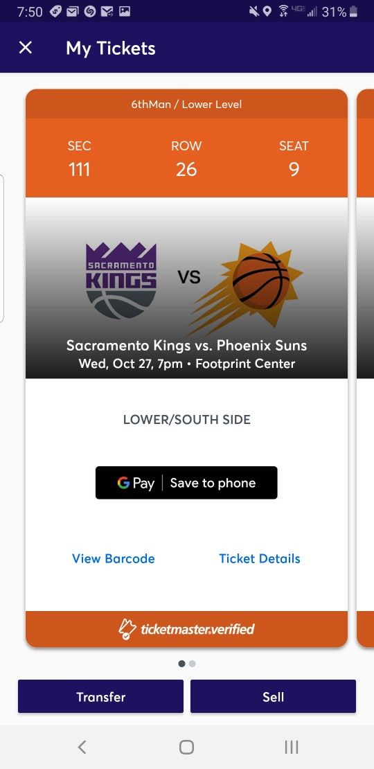 Suns Vs Kings Lower Level 2 Tickets Wed Oct 27th