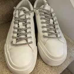 Zara Chunky Leather Sneakers White Women’s Shoes Silver Laces Size 39 EUR/ 7 US