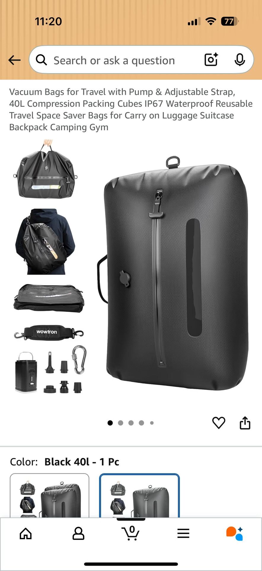 Vacuum Bags for Travel with Pump & Adjustable Strap, 40L Compression Packing Cubes IP67 Waterproof Reusable Travel Space Saver Bags for Carry on Lugga