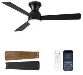 Ceiling Fans with Lights, 48 inch Low Profile Ceiling Fan with Light and Remote Control, Flush Mount, Reversible, 3CCT, Dimmable LED, Noiseless, Black
