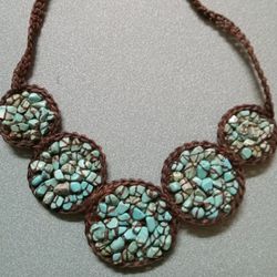 Vintage Boho Woven Macrame Necklace With Turquoise Chips