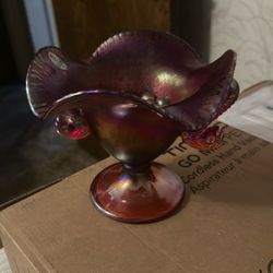 Fenton Glass Iridescent Compote  With Fish Handles