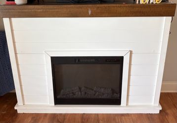 White Shiplap Electric Fireplace w/ Wood Mantel