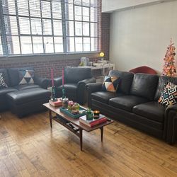 Dark Brown Leather Couch, Love Seat Chair And Ottoman Set 