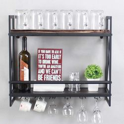 MBQQ Rustic Wall Mounted Wine Racks with 6 Stem Glass Holder,24in Industrial Metal Hanging Wine Rack,2-Tiers Wood Shelf Floating Shelves,Home Room Liv