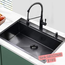 33 Inch Topmount Black Kitchen Sink Stainless Steel Single Bowl Sink, SB322MB