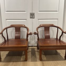 Vintage Oriental Solid Teakwood Yoke Back Low Chairs and cushions - Pair