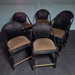 Palecek Designer Black Woven Rattan Cheetah Counter Stool Chairs Set of 6