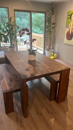 Solid Wood Dining Table with Benches