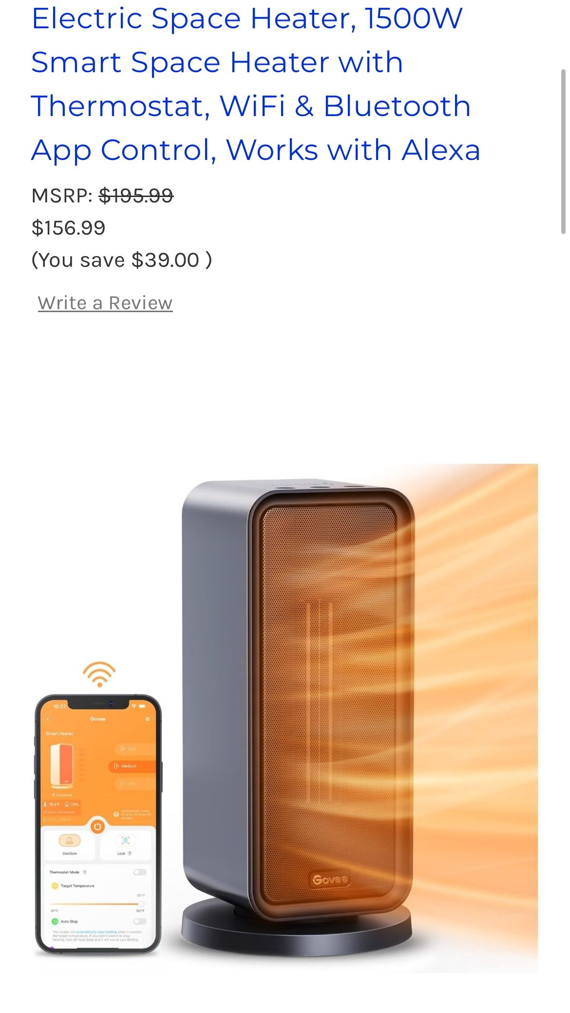 Electric Space Heater, 1500W Smart Space Heater with Thermostat