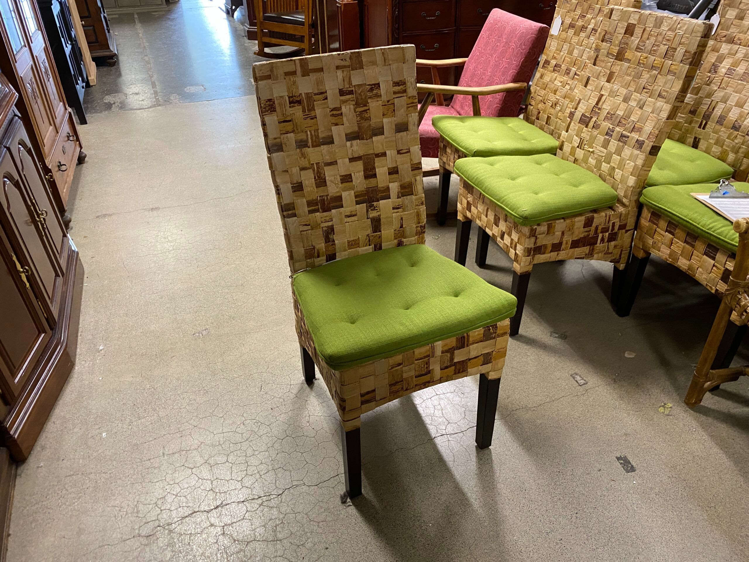 Vinyl Bamboo Chair with Green Removable Cushion