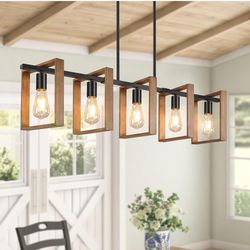 53’’ Farmhouse Kitchen Island Lighting, 5-Light Adjustable Dining Room Light Fixtures, Rustic Wood Chandeliers Black Hanging Light Fixtures for Kitche