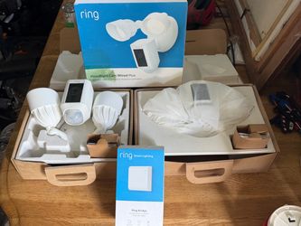 3 NEW Ring Floodlight Cam Wired Plus Cameras + Ring Bridge