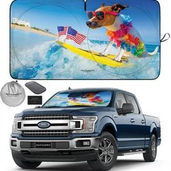 Autoamerics 1-Piece Windshield Sun Shade - Surf Dog Design Foldable Car Front Window Sunshade For Cars SUV Truck - 