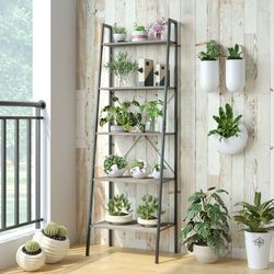 5 Tier Industrial Ladder Bookshelf, Metal Framed Storage Shelf for Office Living Room, Gray Finish