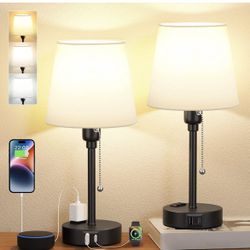 Bedside Lamps for Bedrooms Set of 2 Nightstand - Table Lamp with 3 Color Modes 2700K-5000K, Small Lamp with USB C+A Charging Port and AC Outlet, White