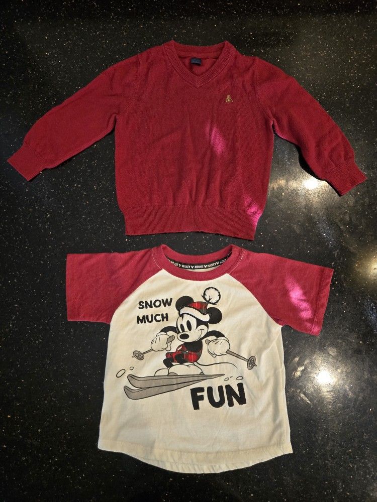 Size 3T Toddler Boys Christmas Red Sweater Baby Gap and Disney Junior Mickey Mouse Shirt