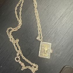 925 Silver Vintage Holy Bible Pendant With Rope Chain 