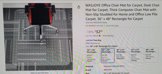 New! Office Chair Clear Mat For Carpet, 36" x 48