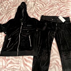 New Large Black BCBG 2-Piece Tracksuit Jacket + Track Capri Pants Set MSRP $160