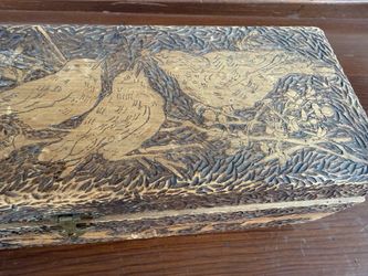 Antique Flemish Art Pyrography Wood Burned Glove / Dresser Box With Floral and Bird Design - very nice condition