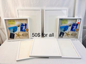 Set of 7 White Wooden Picture Frames & Shadowboxes (Will Separate)