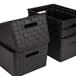 Bekith 5 Pack Small Woven Plastic Storage Basket, Woven Basket Bin, 10" L x 7" W x 4.4" H, Black