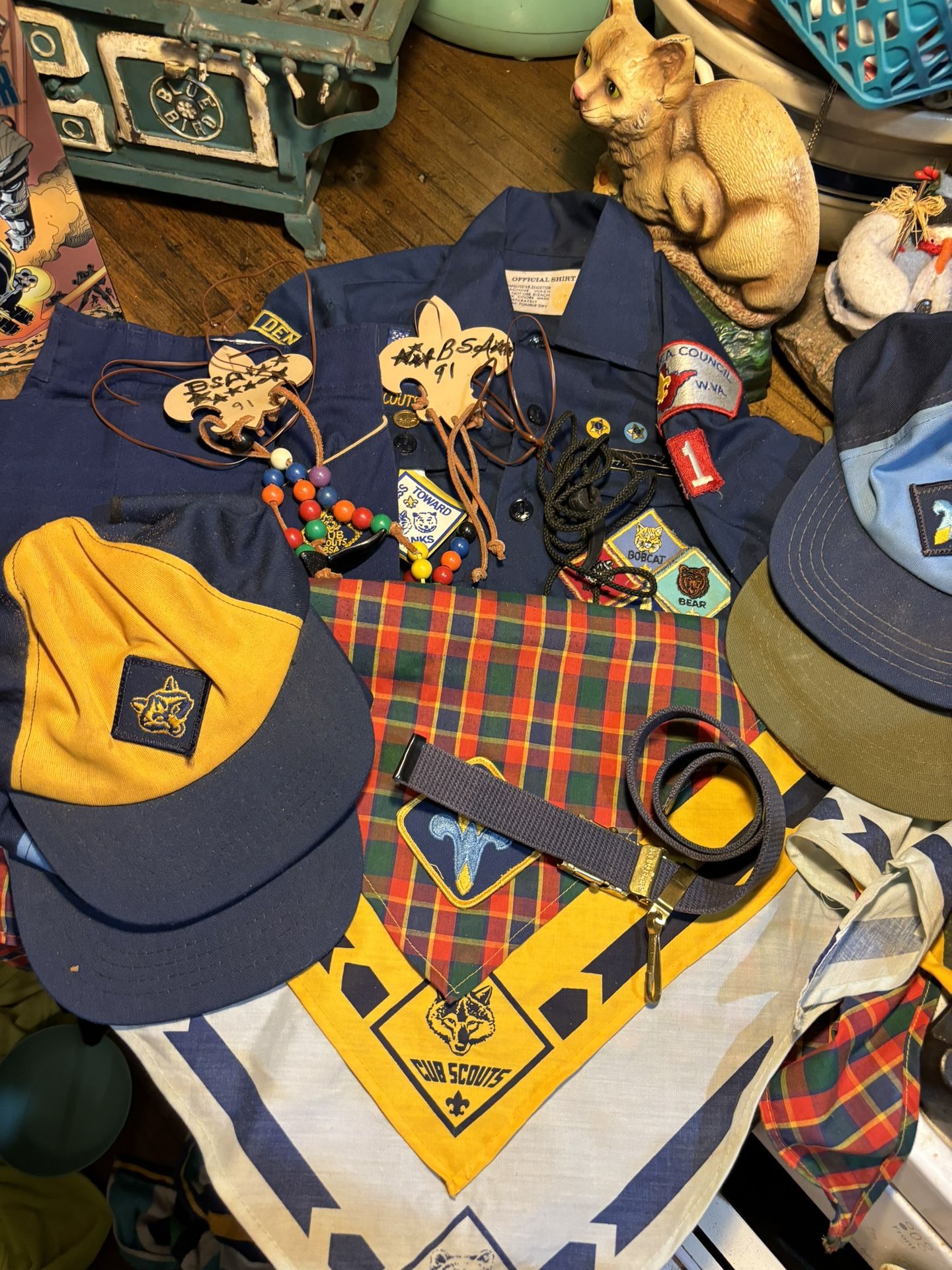 Vintage 1980’s Cub Scout Uniform, Hats, Neckerchiefs, Belt, Crafts