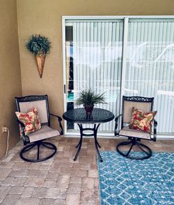 High quality Aluminum 3 pc Outdoor Dining Bistro furniture. 2 Swivel Rockers , 32” table