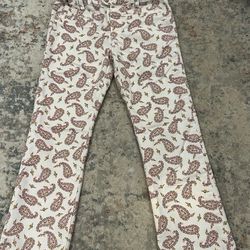 Zara Girls Size 7/8 White Paisley Straight Leg Pants Adjustable Waistband 