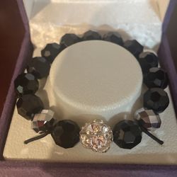 $20 Roman Designer Silvertone Faceted Jet Black and Clear Glass Bead Bracelet